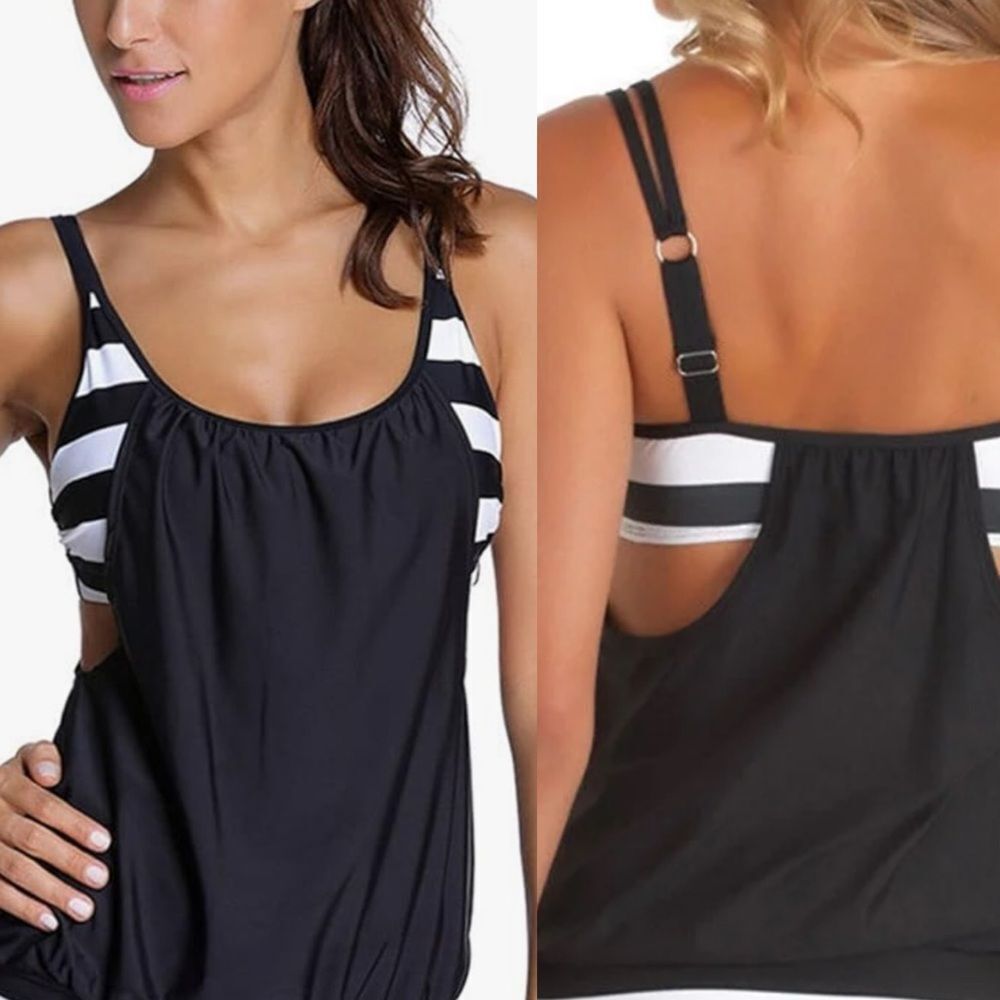 Womans tankini swim top Stripes Lined Bathing Suit flattering black L